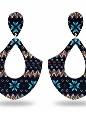 Womens Wood Earrings Large Blue Aztec Jewelry
